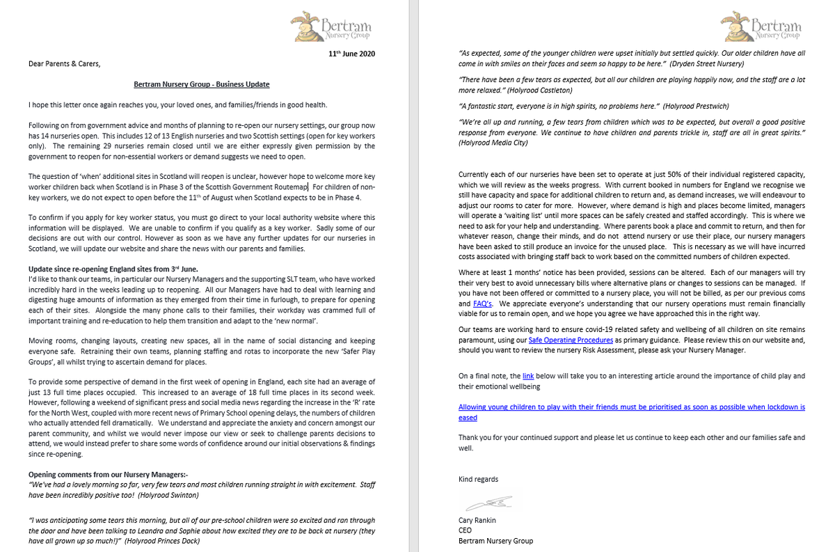 HolyroodCastlet's tweet photo. *Parent Update* - Please find an update from our CEO, Cary Rankin.

You should have received this via email but in case you didn’t please find posted here for your information.

We hope you and your family are safe and well, The Bertram Nursery Group. https://t.co/JZWALxfsYW