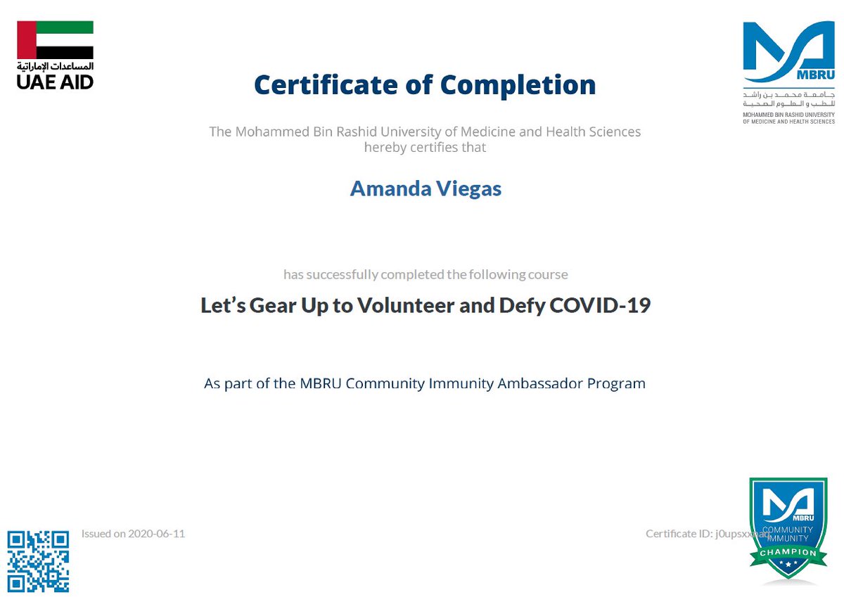 I'm now an #MBRUCommunityImmunity Ambassador. I am responsible to protect myself and my community from #COVID-19.I challenge <a href="/Shilpakamat3/">Shilpakamat</a> <a href="/Vyoma27079093/">Vyoma</a>  <a href="/NikkitaKgs/">Nikkita Suri</a> to take the course. Let's fight together to make this world a better place 2 live learn.mbru.ac.ae/courses/covid19