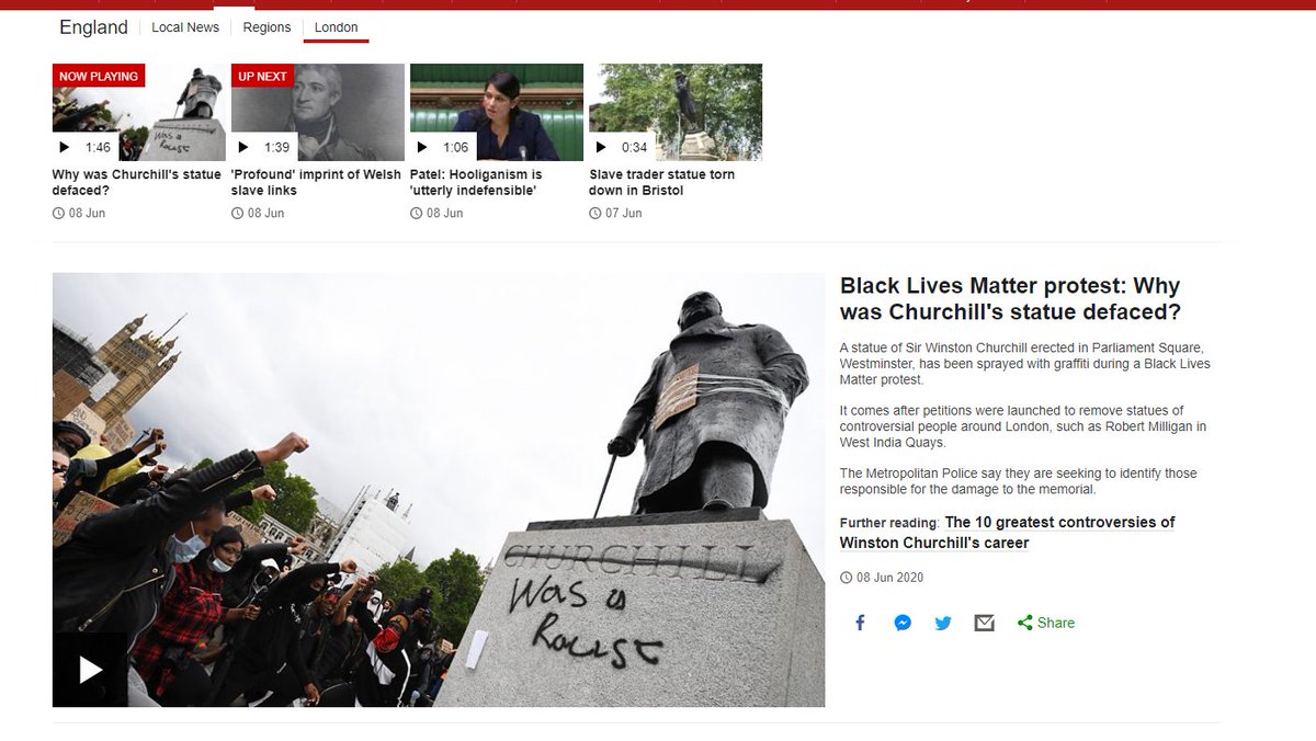 2/ Falsehoods. On June 9th, the Defund the BBC claimed that the 'BBC' did not report on Churchill's statue being defaced. This is false, as you can see from the screenshot on the right, it was reported as a mini video on 8th June. Here's the link  https://www.bbc.com/news/av/uk-england-london-52972531/black-lives-matter-protest-why-was-churchill-s-statue-defaced