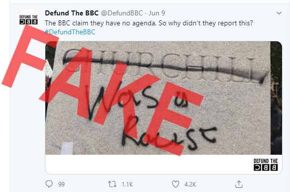 2/ Falsehoods. On June 9th, the Defund the BBC claimed that the 'BBC' did not report on Churchill's statue being defaced. This is false, as you can see from the screenshot on the right, it was reported as a mini video on 8th June. Here's the link  https://www.bbc.com/news/av/uk-england-london-52972531/black-lives-matter-protest-why-was-churchill-s-statue-defaced