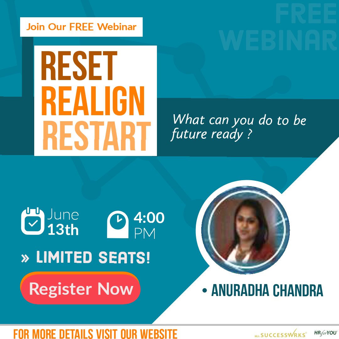 hrforyousw's tweet photo. Free Webinar : RESET | REALIGN | RESTART
What can you do to be future ready ?
Register : https://t.co/gF3M1Gs0yg
#Webinar #webinars #webinarindia #freewebinar #webinaralert #newwebinar #reset #realign #restart #postlockdown #helpful #skillstraining #skills
#SundayMotivation https://t.co/u3FGwcP5wn