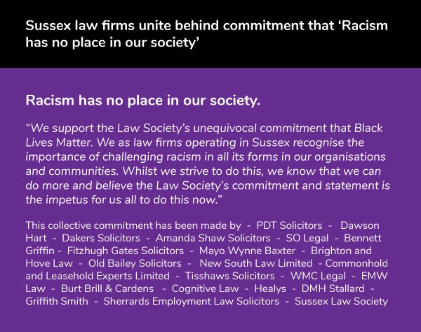 Sussex law firms put aside their competition today in joining together for a united and collective response to show our commitment to challenging racism.  #challengeracism
