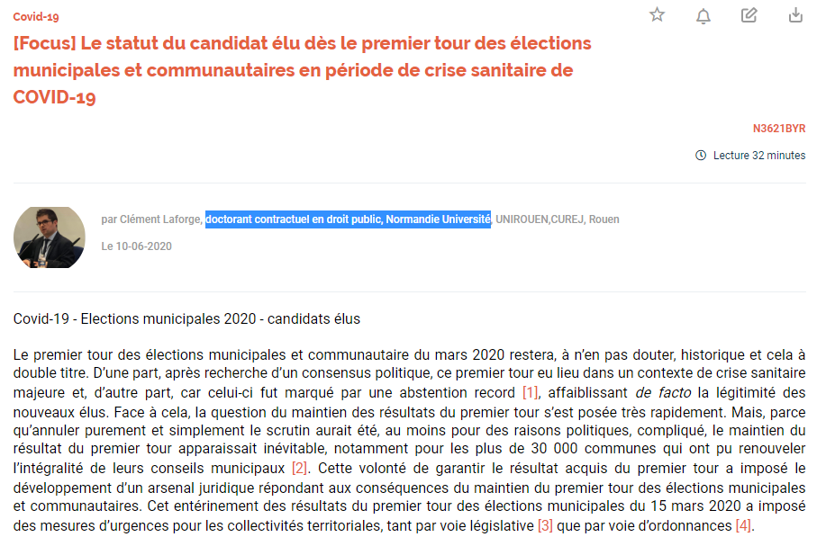 LexbasePublic's tweet image. A lire cette semaine dans Lexbase éd. pub., Le statut du candidat élu dès le premier tour des élections municipales et communautaires en période de crise sanitaire de COVID-19, par @Clement_Laforge, doctorant contractuel en droit public, Normandie Université