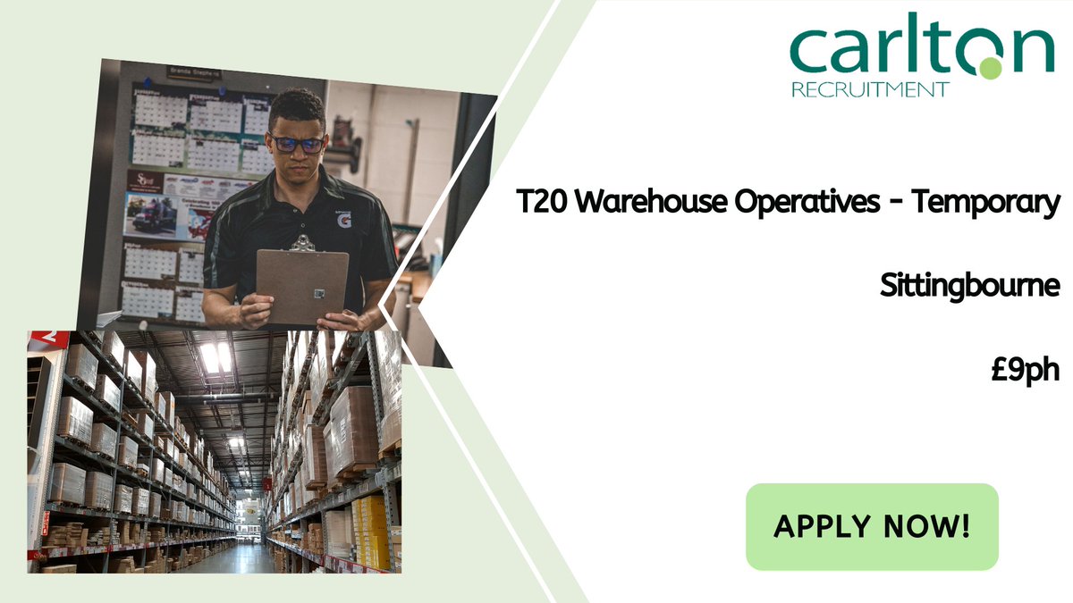 CarltonRecruit's tweet photo. Position is now available for a Warehouse Operative to work in a chilled fast-moving warehouse environment. You'll need to be experienced in the use of T20 style MHE. Positions can lead to permanent employment. #JobsHour #SwaleWorks #Kentintowork Apply https://t.co/us2AHFlwvV https://t.co/BK83DbMhW9