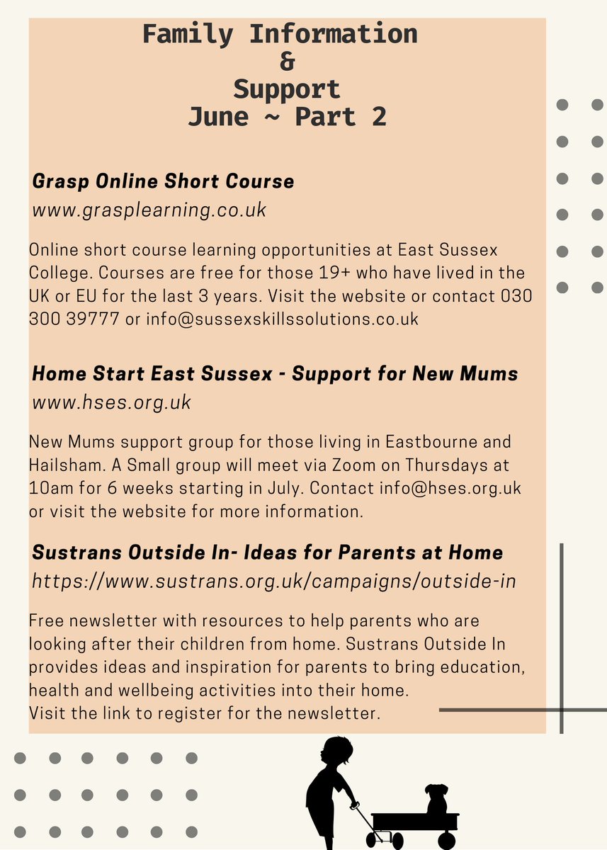 thepelham's tweet photo. Part 2 of June's Family Advice and Support from East Sussex County Council Family Keywork! Have a look at Grasp's online short courses, the Home Start East Sussex Zoom support group for new Mums, and Sustrans Outside-In parents newsletter.
#ThePelham #ESCCfamilykeywork https://t.co/Z1FoQrnxWH