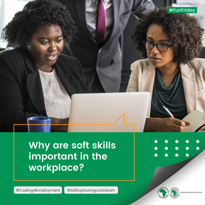 AfDB_C4E's tweet photo. Why are Soft Skills important in the work place?

Here are our three reasons 

1) The modern workplace is interpersonal

2) Customers demand soft skills

3) The future workplace will depend on Soft Skills

#Coding4Employment
#AfricanDevelopmentBank
#DigitalSkillsGap https://t.co/yim7dj1v89