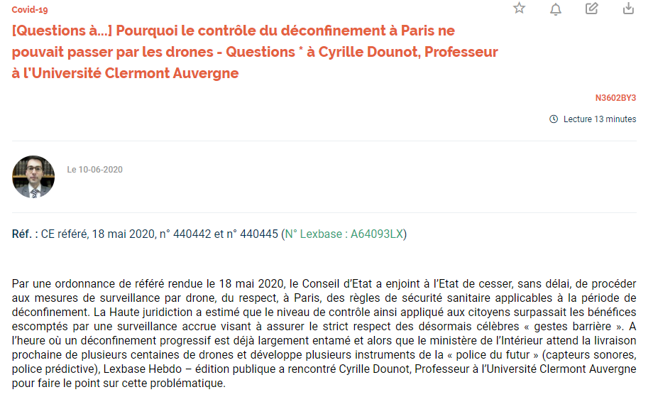 LexbasePublic's tweet image. Mais aussi :  Pourquoi le contrôle du déconfinement à Paris ne pouvait passer par les drones - Questions à Cyrille Dounot, Professeur à l’Université Clermont Auvergne