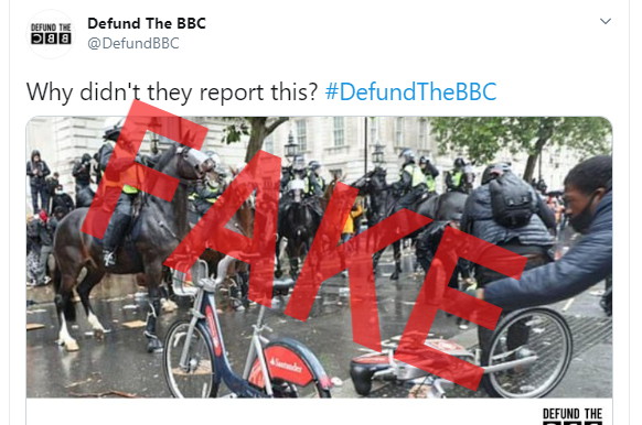 3/ On 8 June they posted an image of altercations with the police claiming again "why didn't they report this?". The BBC did and more. Here's a screenshot (on the right) from BBC showing a still from an actual video of the bike being thrown into the police horse. A video folks...