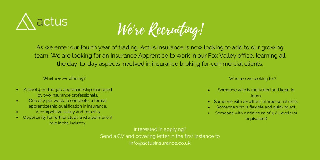 If you're looking for a starter role in insurance, take a look at our advert below. We're looking for an apprentice to join our team at #FoxValley to get involved in all areas of commercial broking.  #Sheffieldvacancies