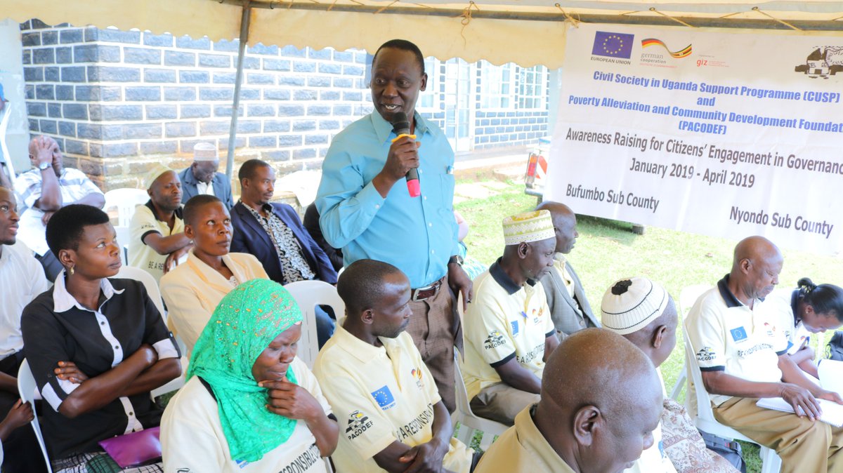PACODEF reaching out to the communities in Bufumbo Sub-county,Mbale District,Uganda.Traditional leader Esau addressing citizens at accountability fora meeting.