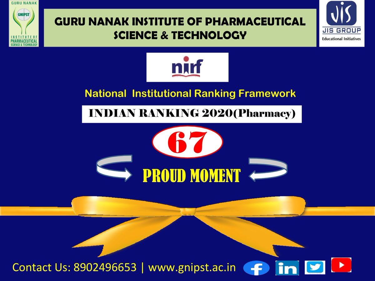 gnipst's tweet photo. #NIRF Ranking In Pharmacy #GNIPST #ProudMoment # JISGroup
#EducationBeyondOrdinary
Visit our official website https://t.co/flAonzPfFs for more details..
Stay connect with Us... https://t.co/FgMMpPXDkY