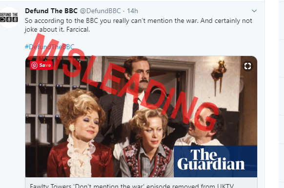 4/ Today they suggest that Fawlty Towers was taken down because of the scene with Basil Fawlty and the Germans and the joke "don't mention the war". Ironically, they link to a Guardian article that even clarifies that it was removed due to 'racial slurs'. Highly misleading