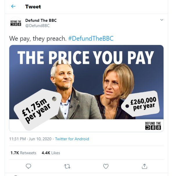 5/ Much of the other content is deliberately emotive or misleading. They mentioned for example, Gary Lineker's 1.75 million salary, without mentioning that he agreed to a pay cut last year. Also, why do they includes  @maitlis - she was the 27th highest paid in 18/19. We know why