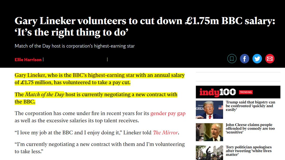 5/ Much of the other content is deliberately emotive or misleading. They mentioned for example, Gary Lineker's 1.75 million salary, without mentioning that he agreed to a pay cut last year. Also, why do they includes  @maitlis - she was the 27th highest paid in 18/19. We know why