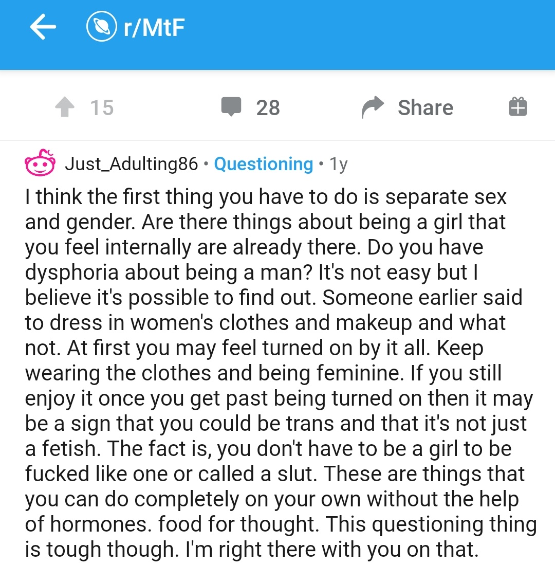 "I worry that I'm not actually trans but just want to be a slut""Wanting to be dominated and called a slut does not invalidate your gender""You don't have to be a girl to be fucked like one or called a slut"
