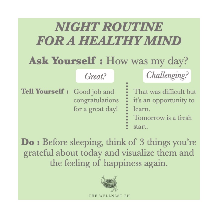 TheWellnestPH's tweet photo. What are your daily routines to keep your mind healthy? 

We have morning and night routines to keep our body healthy and at its best. Do this for your mind too!
* Check on yourself
* Cheer yourself on
* Reward and compliment yourself
* Acknowledge difficulties https://t.co/8PPmXRsr57