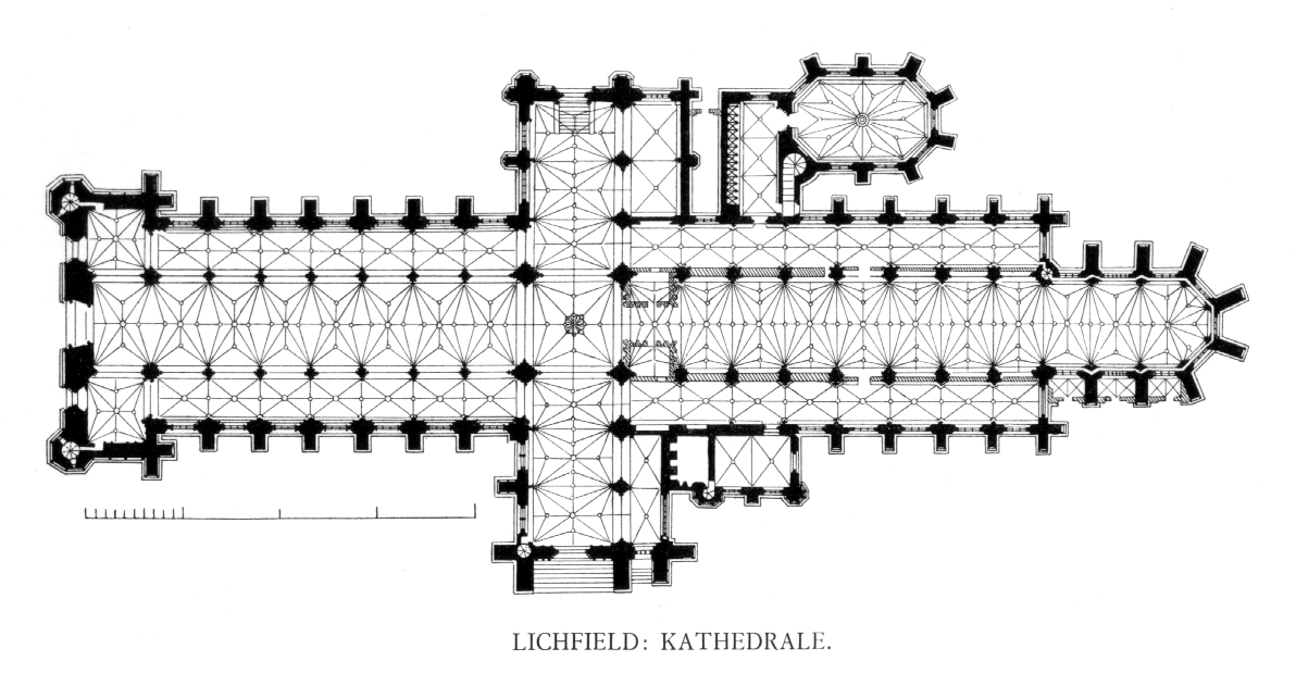 First, let's get used to Cathedral floorplans. Cathedrals are complicated buildings, so it's hard to show everything in a simple diagram. The floorplans show the walls and columns, and then use smaller lines to show the shape of the ceiling vaulting and where windows are.