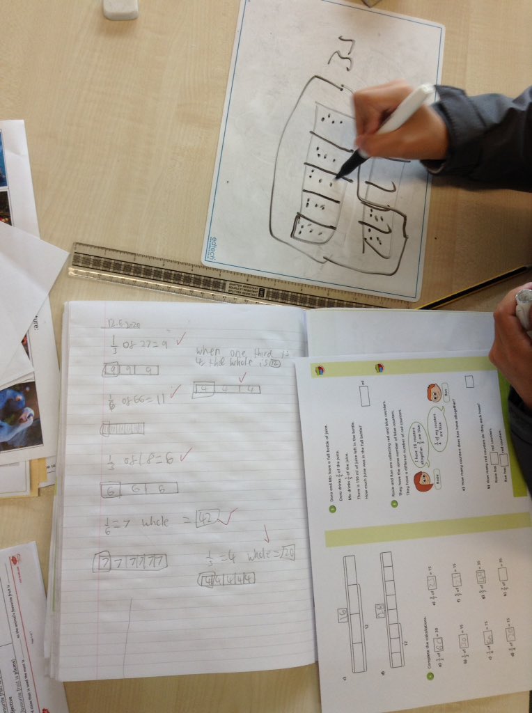 Look at this tricky maths we did today, I was very impressed by the method! We were figuring out what the whole would be if 7 fifths were equal to 53. And I've finally managed to get school pictures on Twitter so I'll upload more today!