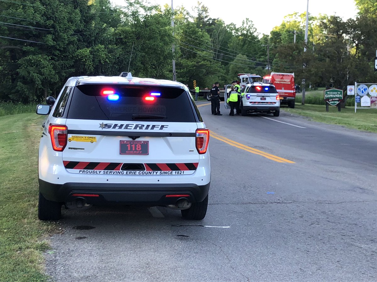 PhotogWKBW's tweet photo. Multiple agencies at this crash on Buffalo St in Gowanda. I’m being kept at a distance, but can see a car that looks to have rolled over off the road. No official information at this time. Buffalo St closed at Taylor Hollow Rd. @WKBW https://t.co/pTCPbUDlCe