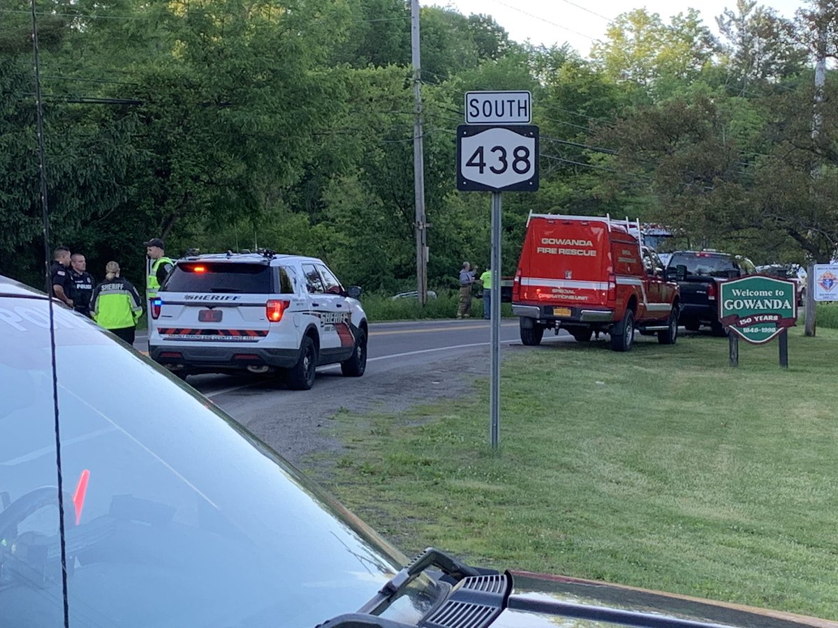 PhotogWKBW's tweet photo. Multiple agencies at this crash on Buffalo St in Gowanda. I’m being kept at a distance, but can see a car that looks to have rolled over off the road. No official information at this time. Buffalo St closed at Taylor Hollow Rd. @WKBW https://t.co/pTCPbUDlCe