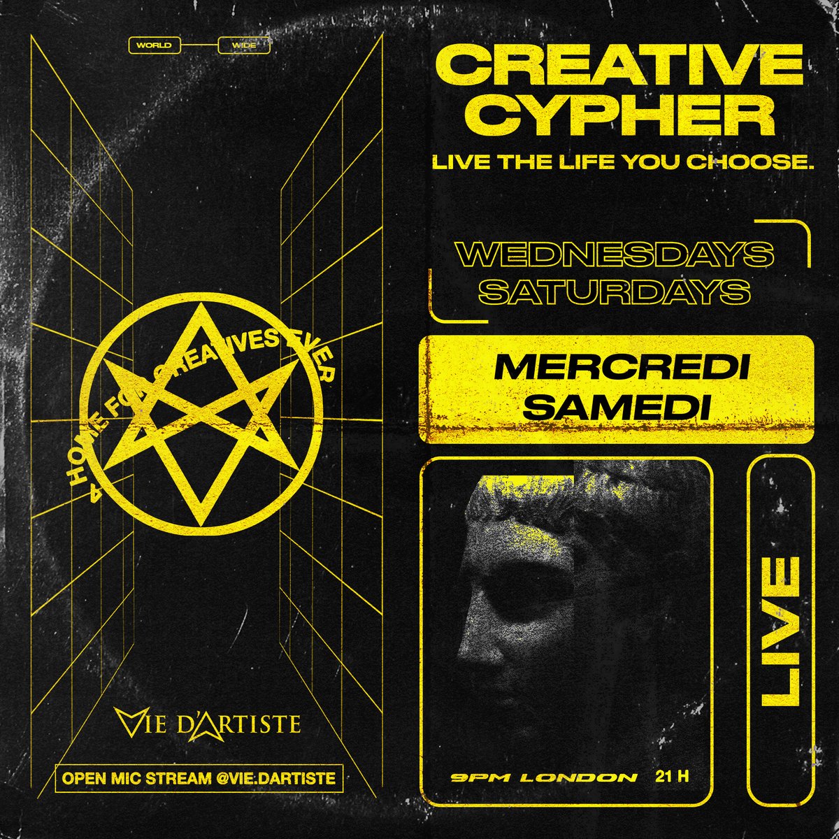 vie-dartiste.com presents: Creative Cypher (Open mic )
Every Wednesday 9 PM &amp; Saturday 9 PM (London Time) on Instagram live.
Open to every artist, musical genres, ages and languages to perform.
Click on the link below to see what you can win  
instagram.com/p/B_iJS6xj-Ue/…