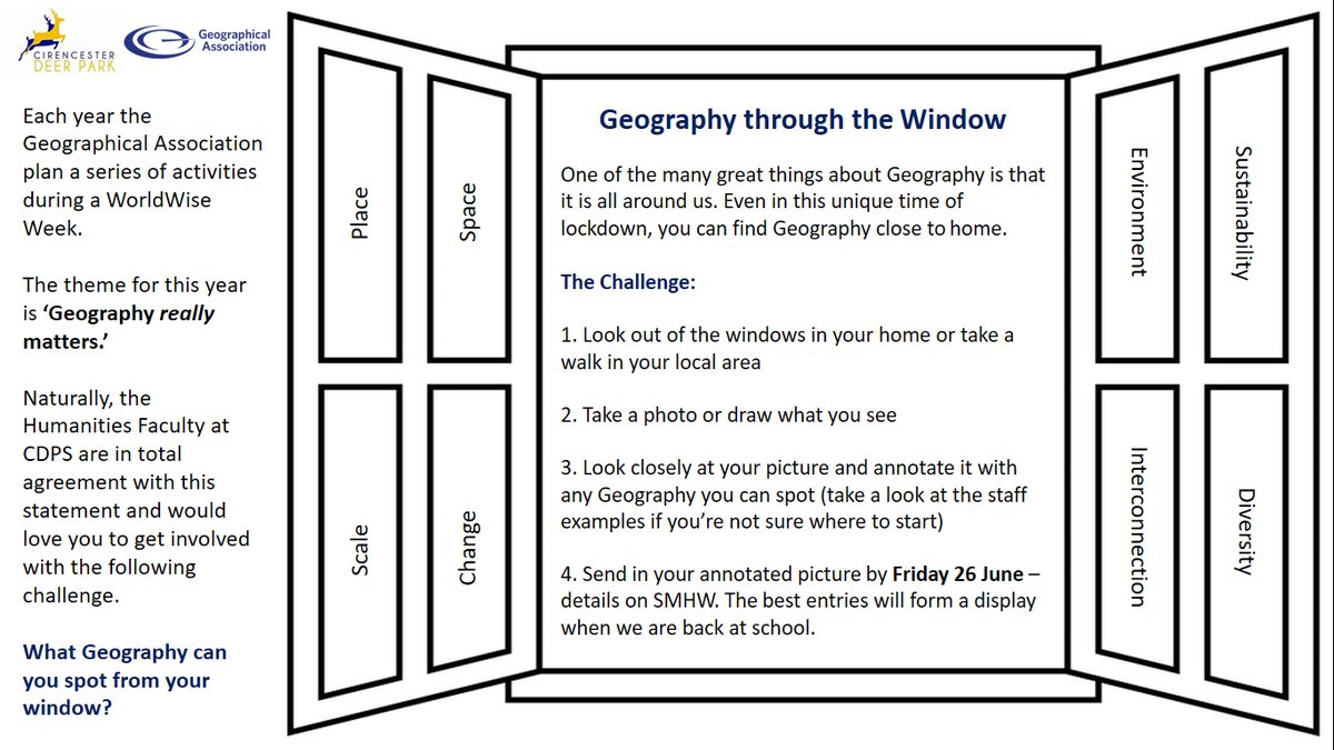 CDPStoday's tweet photo. As part of @The_GA #GeographyReallyMatters, all our pupils are being challenged to take part in 'Geography through the Window'. Information will be posted on SMHW. Could be a good project for the weekend? The entry deadline is Friday 26 June. Have fun!

#Geography #RemoteLearning https://t.co/S7vVp9jSDn