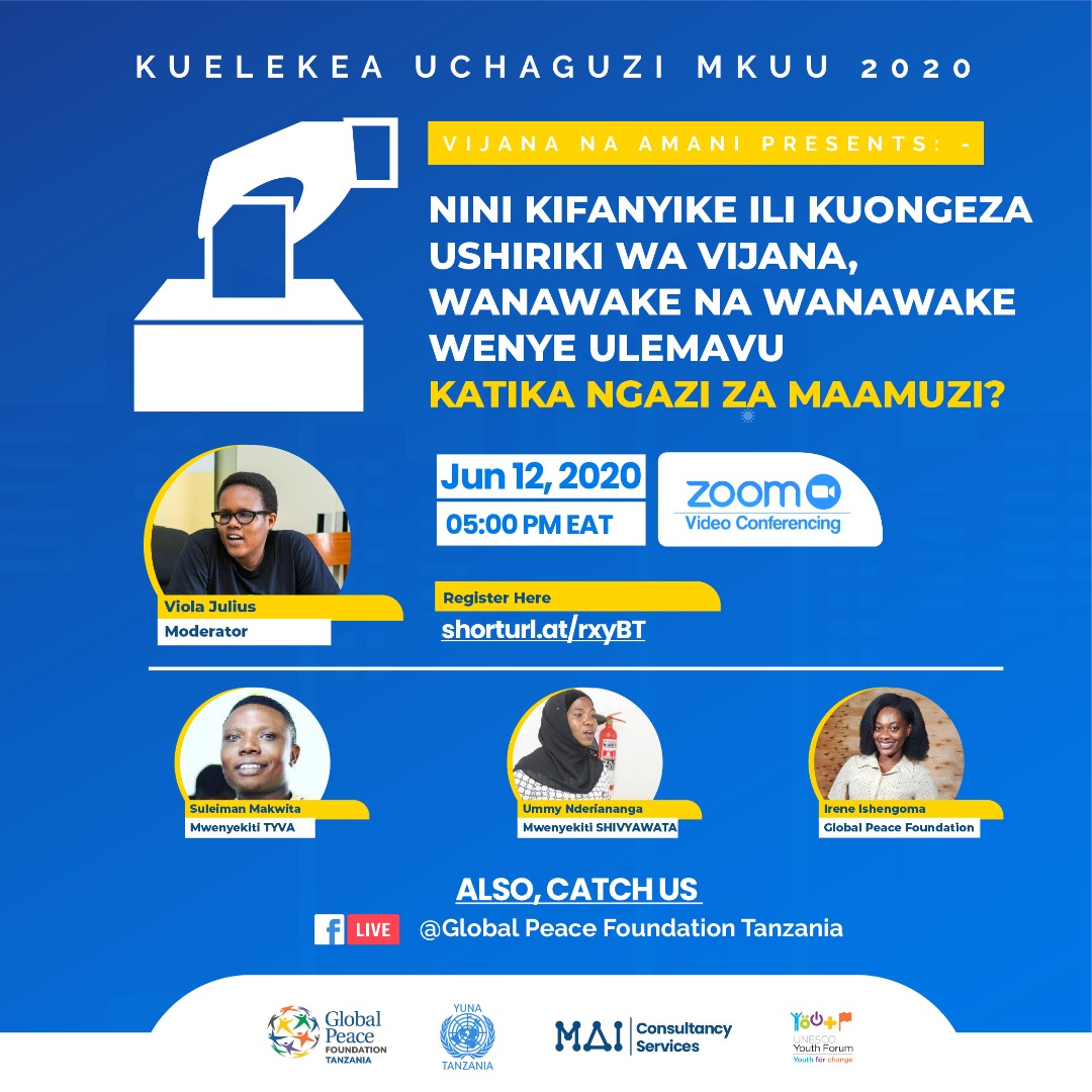 globalpeacetz's tweet photo. Karibuni katika kipindi cha #VijanaNaAmani leo kupitia mtandao wa Zoom. 

Mada:

"Kuelekea uchaguzi mkuu 2020; Nini kifanyike ili kuongeza ushiriki wa Vijana, Wanawake na watu wenye ulemavu katika ngazi za maamuzi?"

Jisajili kushiriki 👇
 https://t.co/F3cNPni2It

#VijanaNaAmani https://t.co/9ue8wJrOaT