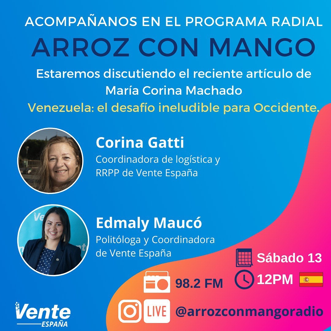 Cs_Vzla2016's tweet photo. Para este sábado 13 @VenteEspana y @arrozconmangoo nos invita a escuchar el conversatorio sobre el artículo de la Líder Liberal Opositora Venezolana @MariaCorinaYA @VenteVenezuela @alcaldeledezma @Diego_Arria @InesArrimadas @CiudadanosCs @BalEdmundo @MaLuisaAlonso @mivenespana https://t.co/PvP57HZ8MG