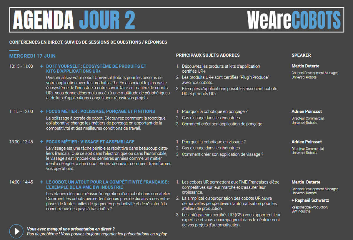 UR_France's tweet photo. #WeAreCOBOTS se tiendra du 16 au 18 juin... Découvrez ici le programme complet de ces 3 jours dédiés à la robotique collaborative (#cobotique) 👉 https://t.co/zuPtMyiTmi #automatisation #industrie #industriedufutur #robots #cobots https://t.co/t6E7JhDWFD