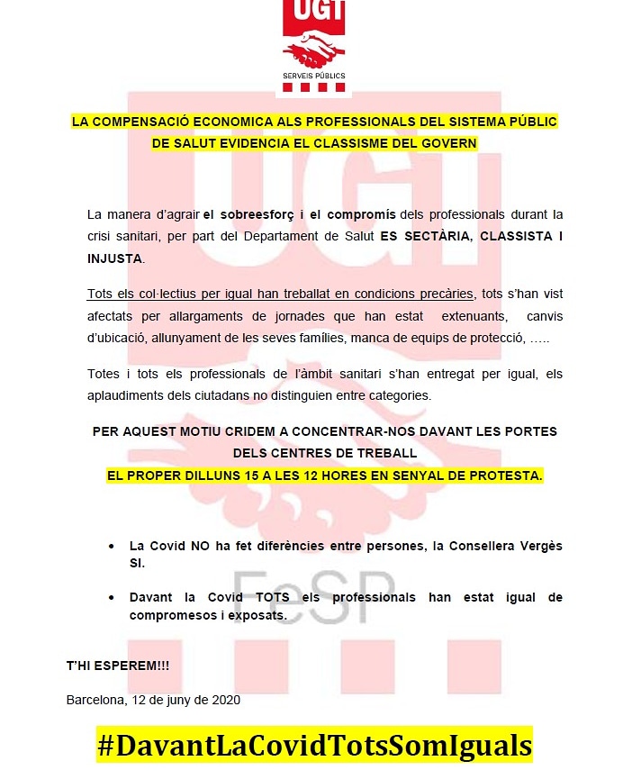 GRATIFICACIÒ LINEAL PER A TOTS ELS TREBALLADORS  El proper dilluns 15 a les 12h en senyal de protesta a la porta de <a href="/hgermanstrias/">Hosp. Germans Trias</a> #davantlacovidtotssomiguals  🤛🤛<a href="/albaverges/">Alba Vergés Bosch 🎗</a> <a href="/govern/">Govern de Catalunya</a> <a href="/vicepresicat/">Compte no operatiu</a> <a href="/icscat/">ICS. Generalitat</a> <a href="/meritxellbudo/">Meritxell Budó🎗</a> <a href="/perearagones/">Pere Aragonès i Garcia</a> <a href="/jordiPuignero/">Jordi Pu1gnerO</a> <a href="/Marta_Sibina/">Marta Sibina Camps</a> <a href="/AlbanoDante76/">Albano-Dante Fachín</a>