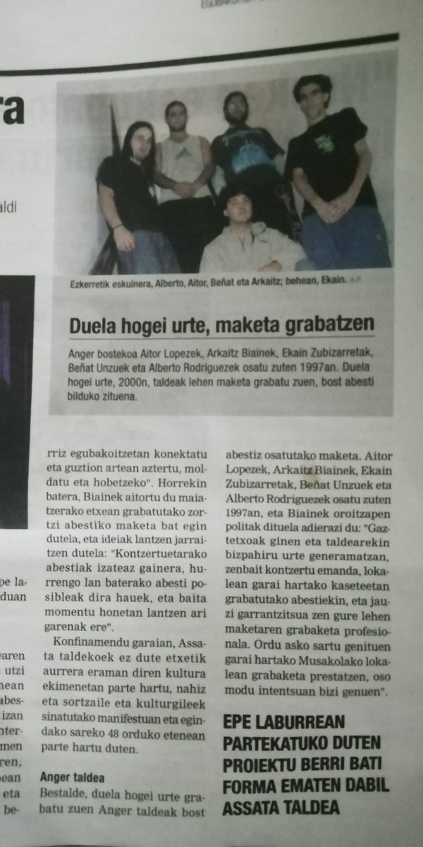 Gaur <a href="/goiena/">Goiena Albisteak</a> paperean <a href="/AssataTaldea/">Assata</a>. Eta tartean <a href="/anger97/">anger</a> ren lehen lanaren 20. urteurrena ere hizpide. Garai ederrak! 
goiena.eus/arrasate/15918…