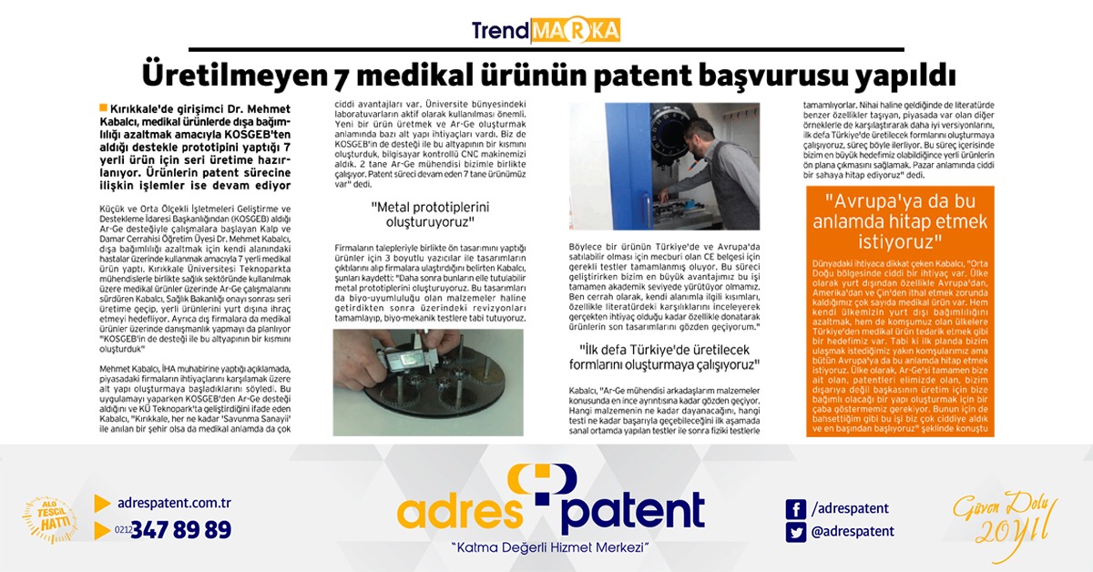 adrespatent's tweet photo. Kırıkkale'de girişimci Dr. Mehmet Kabalcı, medikal ürünlerde dışa bağımlılığı azaltmak amacıyla KOSGEB'ten aldığı destekle prototipini yaptığı 7 yerli ürün için seri üretime hazırlanıyor.
Haberin detayları #TrendMarka 'da: https://t.co/KjbVTXE1UT
#patent #adrespatent https://t.co/AxWGHL4p3j