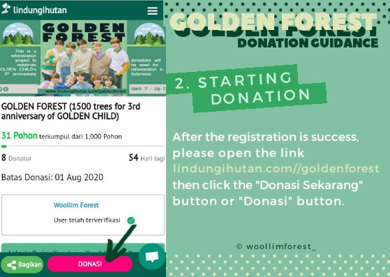   GOLDEN CHILD 3rd        Anniversary Project           #GOLDEN_FORESTDonations will be used to plant spruce trees in Kendal,Central Java, Indonesia. Start from 4th June - 1st August 2020. Here's guidance for International Goldenness.  -c-