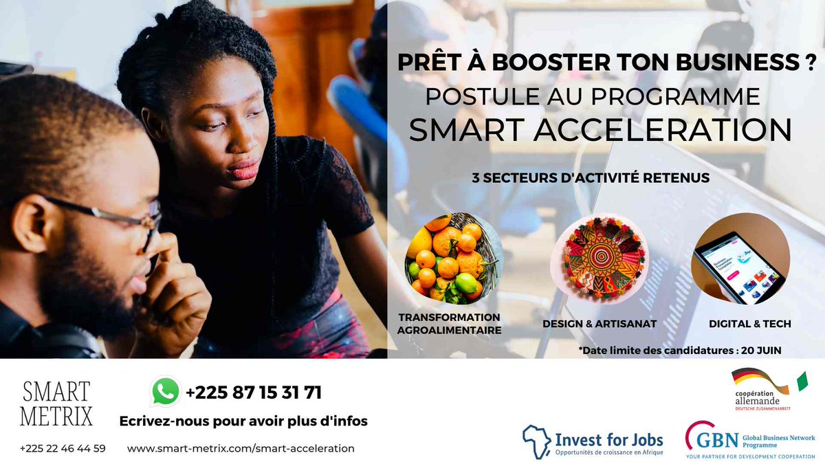 Isabelle_Zongo's tweet photo. Vous êtes entrepreneurs,
Vous évoluez soit dans la #transformationagroalimentaire, soit dans le #design et l' #artisanat soit dans les #technologies et le #Digital
Le programme #SmartAcceleration mis en place par @SMART_METRIX_ est fait pour vous !
https://t.co/cjQNBZAt2s https://t.co/jSfcxJXRrU