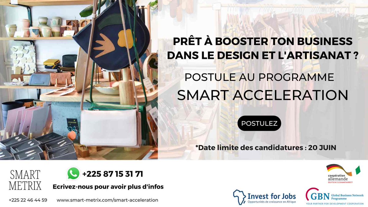 Isabelle_Zongo's tweet photo. Vous êtes entrepreneurs,
Vous évoluez soit dans la #transformationagroalimentaire, soit dans le #design et l' #artisanat soit dans les #technologies et le #Digital
Le programme #SmartAcceleration mis en place par @SMART_METRIX_ est fait pour vous !
https://t.co/cjQNBZAt2s https://t.co/jSfcxJXRrU