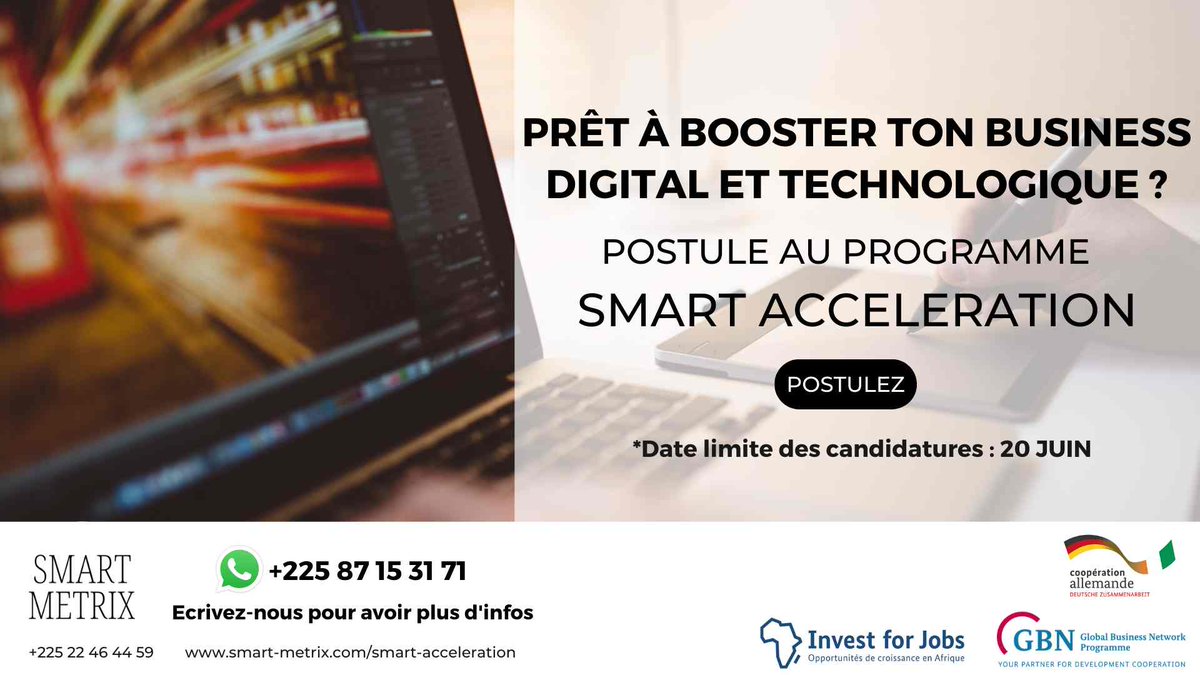 Isabelle_Zongo's tweet photo. Vous êtes entrepreneurs,
Vous évoluez soit dans la #transformationagroalimentaire, soit dans le #design et l' #artisanat soit dans les #technologies et le #Digital
Le programme #SmartAcceleration mis en place par @SMART_METRIX_ est fait pour vous !
https://t.co/cjQNBZAt2s https://t.co/jSfcxJXRrU