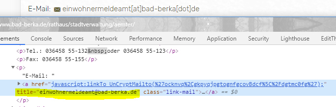 DirtyCode1337's tweet photo. Schön, wenn man sich um die #Verschlüsselung der #Emailadressen kümmert, damit weniger #Spam im Postfach landet. Blöd, wenn man die Email dann im #Klartext ins #title-Tag packt... #fail #spamProtection https://t.co/GLEjCvvXLT