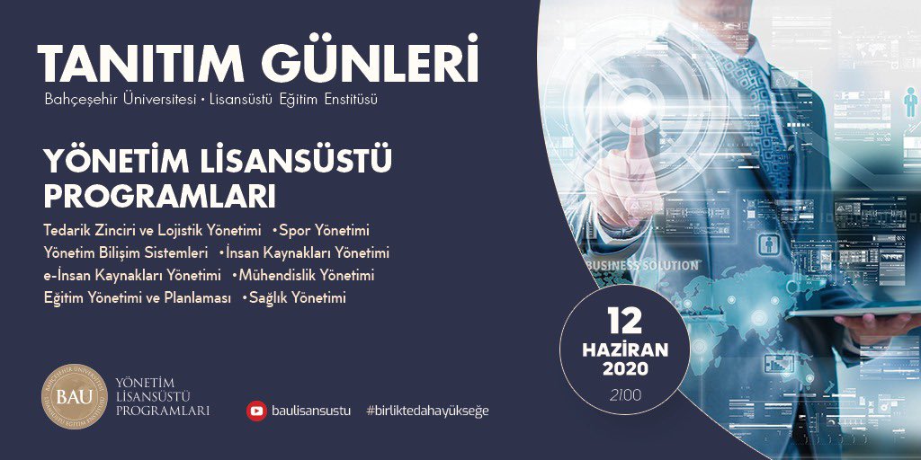 BAU Lisansüstü Tanıtım Günleri tüm hızıyla devam ediyor. Bugün saat 21.00’de Yönetim Lisansüstü Programları ile ilgili merak ettiğiniz her şey YouTube kanalımızda canlı yayında. #lisansüstü #yükseklisans #doktora #birliktedahayükseğe #highertogether
https://t.co/7rwidceCjX https://t.co/GlmEbHm2ww