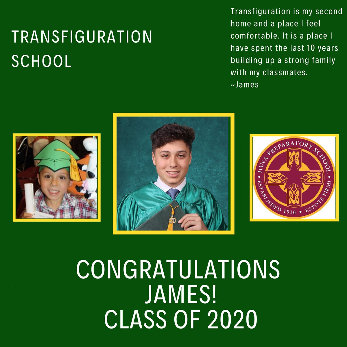 TransfigCS10591's tweet photo. Yesterday’s 8th grade spotlight was James S. Congratulations James on everything you have achieved. We will miss you. #classof2020🎓 #transfigstrong #BeTransformedatTransfig @IonaPrep https://t.co/C8AvSi14cu