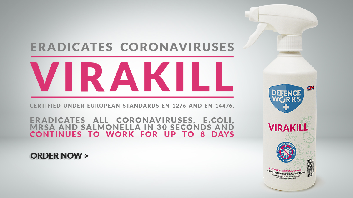Virakill Surface Sanitiser - Eradicates all Coronaviruses, including SARS-Cov-2, and other enveloped viruses. Continues to work up to 8 days* after use (8 day protection – see website for details) Order here: defenceworks.co.uk/product/viraki… #Sanitisers #Coronavirus