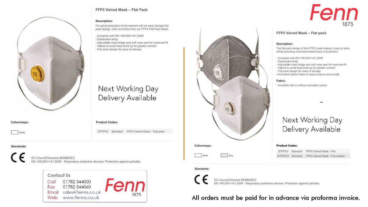 Available Now!
FF2 and FFP3 Valved Masks - available for next working day delivery from our warehouse.
Contact Kerry on 07717 738 386 or kerryparry@fenns.co.uk 
#FFP2 #FFP3 # Masks #PPE