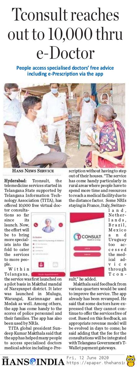 TconsultApp's tweet photo. 10,000 FREE eDoctor Consultations recorded thru #Tconsult in #Telangana State and still counting. Hearty Congratulations to @KTRTRS @Eatala_Rajender @jayesh_ranjan @KonathamDileep @sundeepmakthala &amp; Team @TelanganaIT

Cc: @narendramodi @DrTamilisaiGuv @TelanganaDGP @RachakondaCop https://t.co/oRbovHlE75