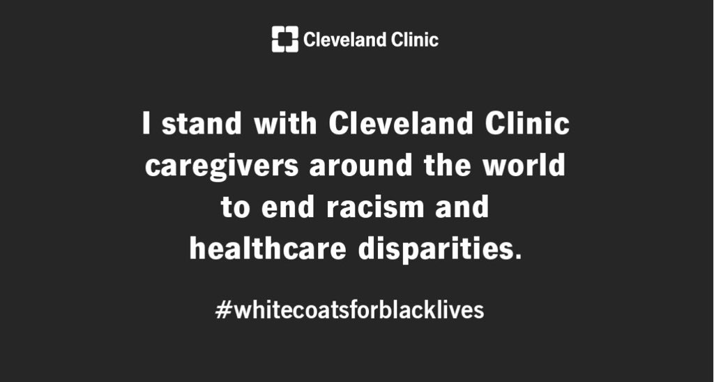 Proud to work for an organization that took time today to reflect and show its commitment to ending racism and bias resulting in healthcare disparities. We are One Team❤️ #WhiteCoatsForBlackLives #BeTheChangeYouWishToSee #BeALight @CleClinicMD