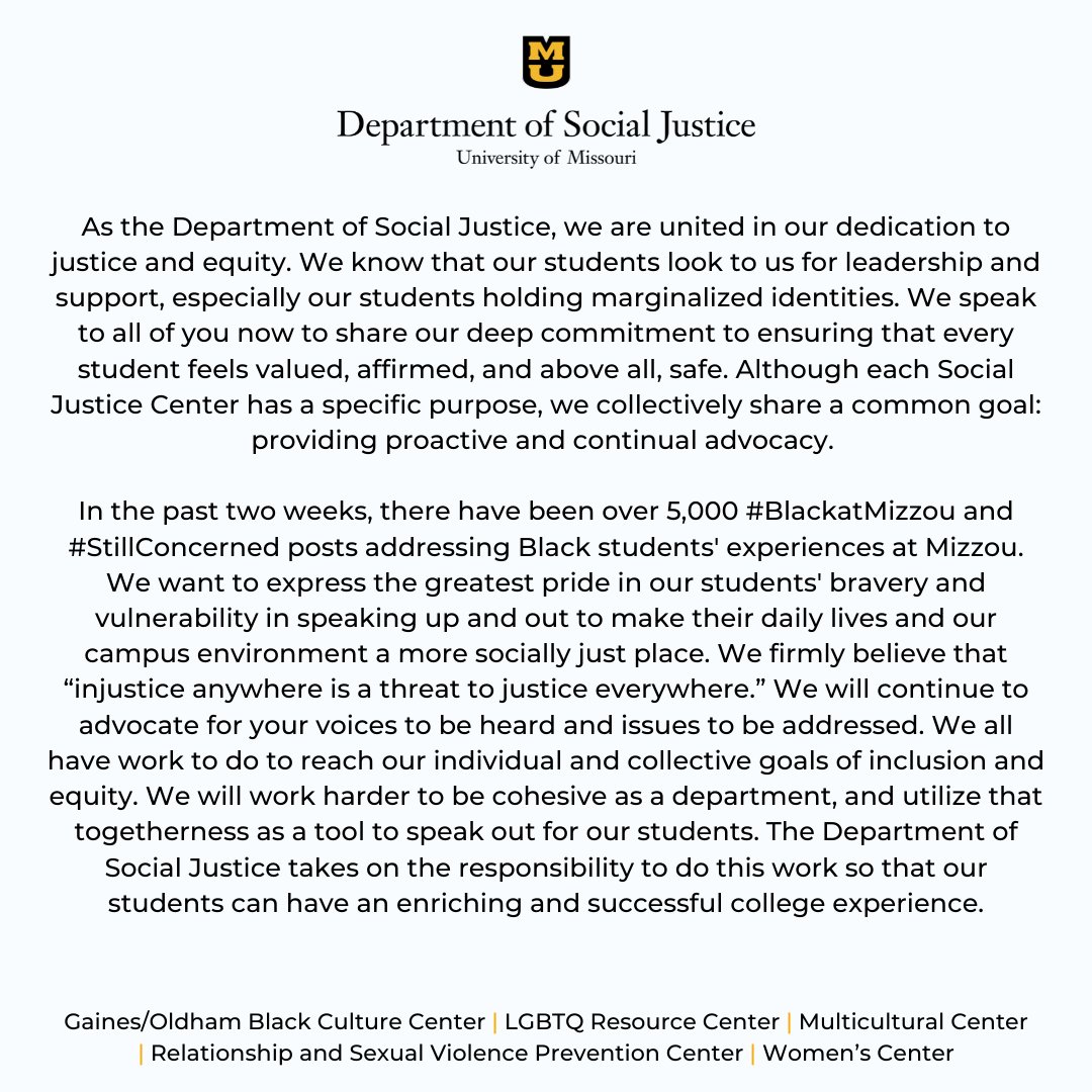 GOBCC's tweet photo. A statement from the Department of Social Justice: https://t.co/WJBVXlBB7Y 

@MULGBTQ @MUWomensCenter @Mizzou_MCC @RSVPCenter @mizzoudiversity https://t.co/ruAE1OsQUj