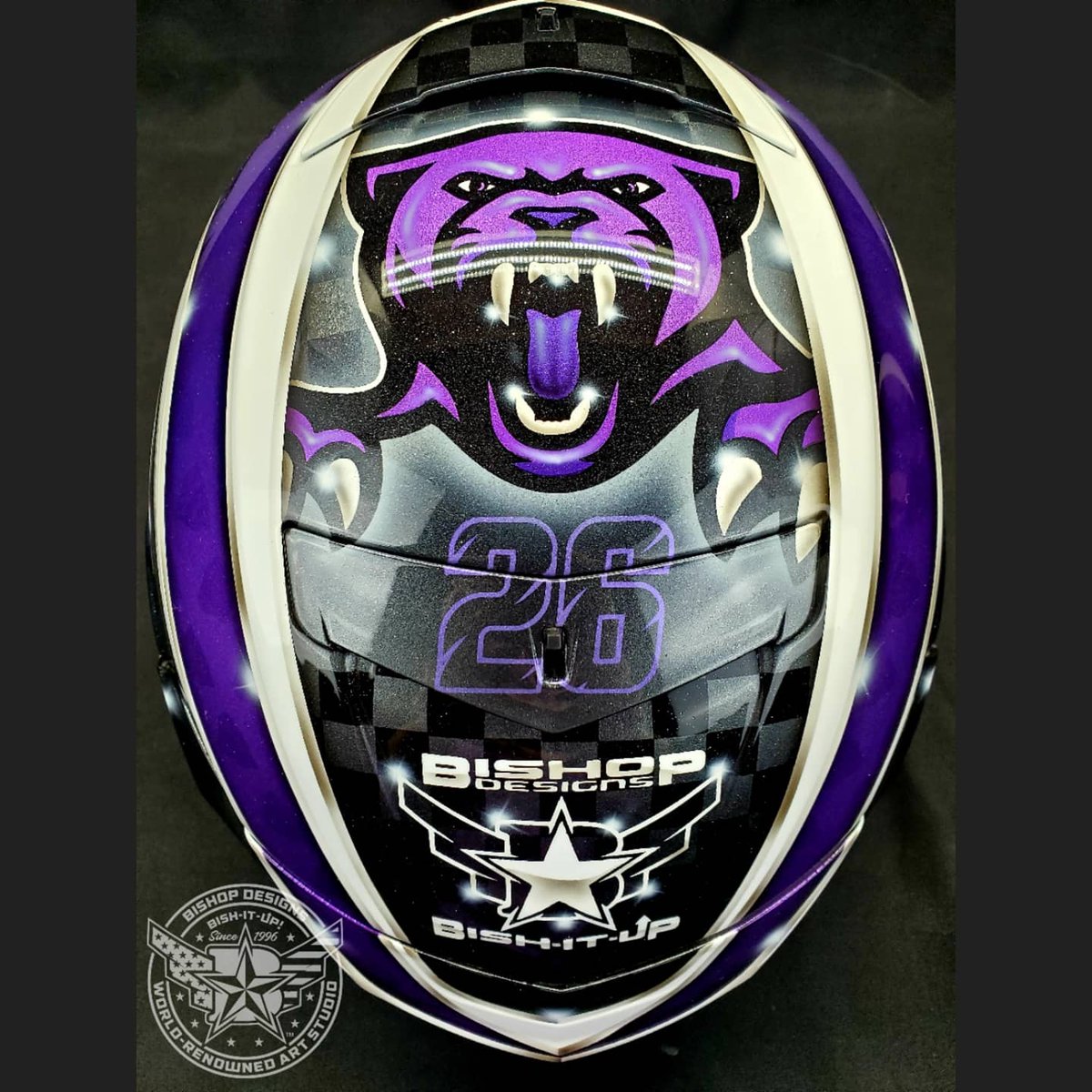 BishopDesigns's tweet photo. 🏍🏁@superlex26 new @bell_powersports helmet is ready for the track!... Bish-it-Up! @bishopdesigns
•
#bishopdesigns #bishitup #grateful #art #airbrush #design #graphics #paint #bellracing #superlex26 #racing #motorcycle #motoamerica #panther #purple #fresh #bell #bellracing https://t.co/8mhPc4ovVK