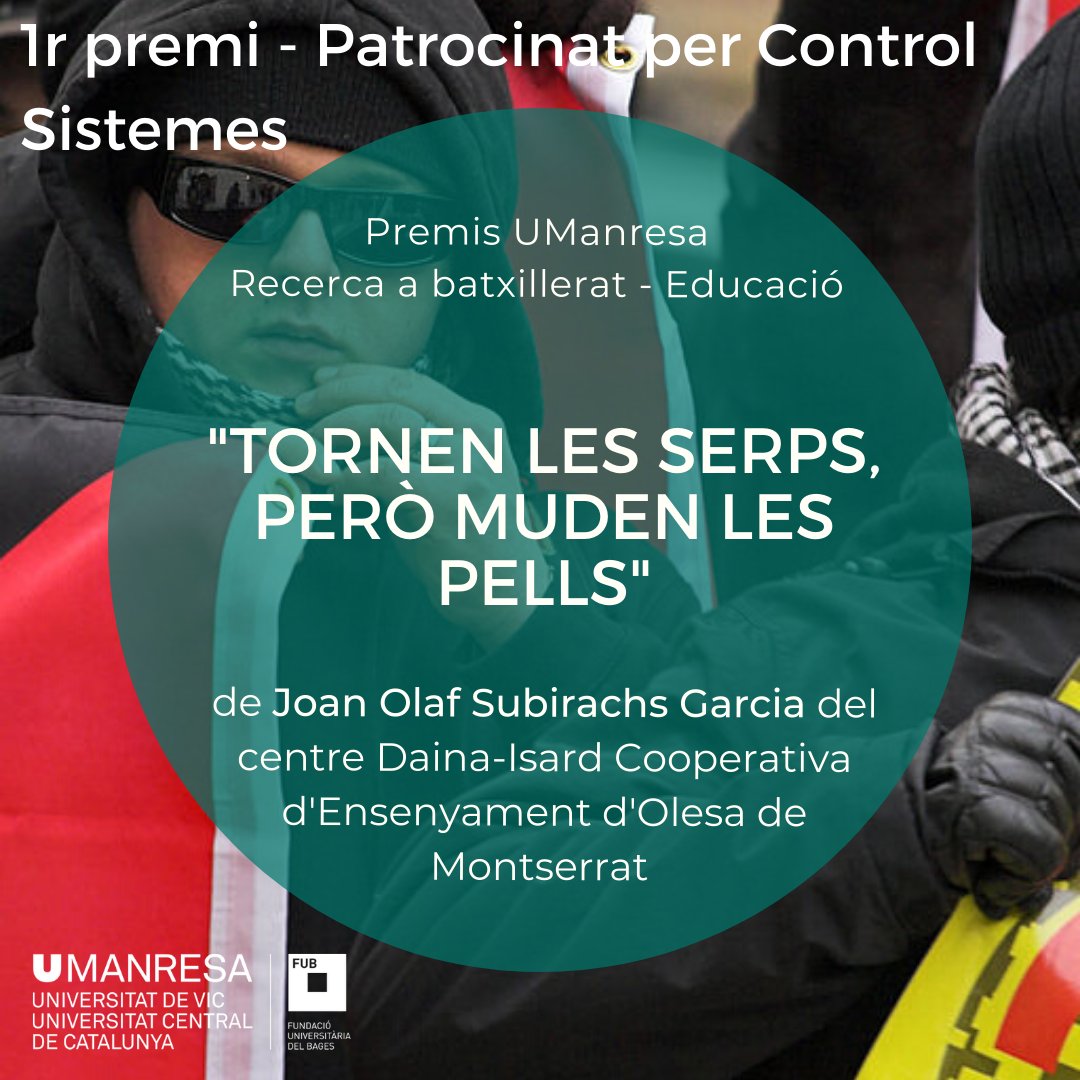 Moltíssimes felicitats a Joan Olaf Subirachs pel primer premi de la modalitat d'Educació dels Premis UManresa a Treballs de Recerca de Batxillerat. Felicitats també al centre <a href="/dainaisard/">Escola Daina-Isard</a> i gràcies a <a href="/Control_Group_/">Control Group</a> pel patrocini

#premisumanresa #recercabatxillerat