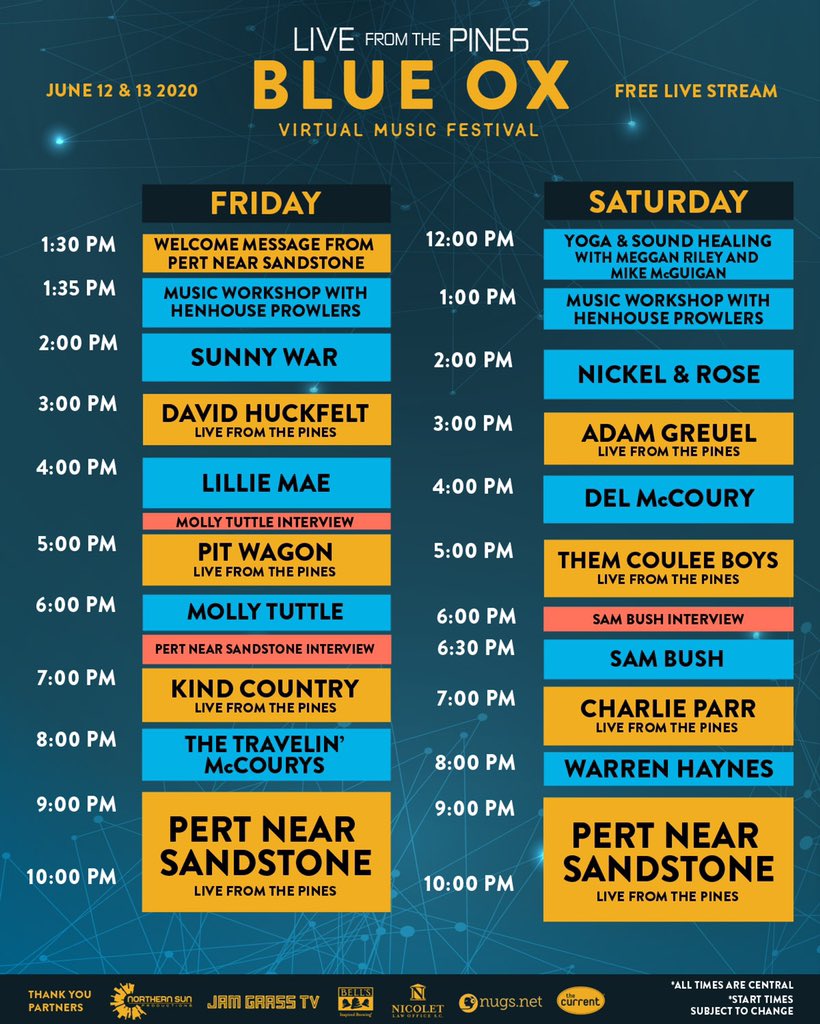 Here’s this weekend’s <a href="/blueoxmusicfest/">Blue Ox Music Festival</a> schedule. Tune-in via <a href="/YouTube/">YouTube</a> starting at 1:30pm central today! youtube.com/channel/UCmhPA…