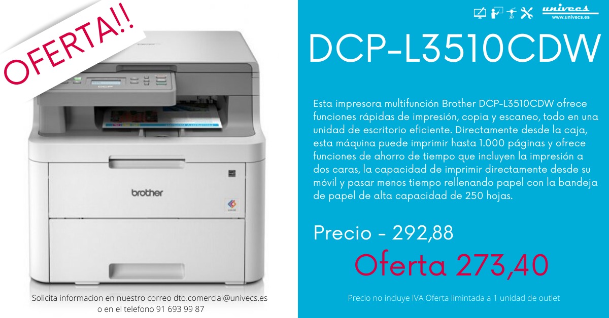 Univecs's tweet photo. Oferta impresora multifunción Brother DCP-L3510CDW ofrece funciones rápidas de impresión, copia y escaneo, todo en una unidad de escritorio eficiente. 

Contacta con nosotros en el 645296845 - 916939987 o por e-mail en: dto.comercial@univecs.es https://t.co/2INNvVza6N