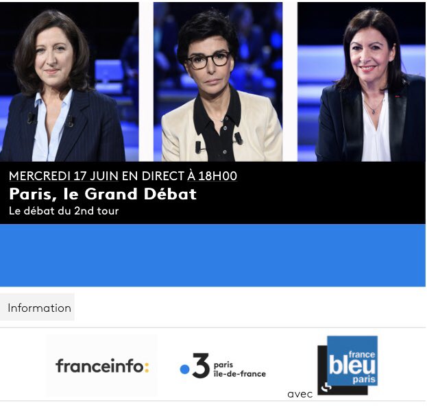 🟡 « Paris, le Grand Débat »

10 jours avant le second tour des #Municipales    <a href="/agnesbuzyn/">Agnès Buzyn</a> <a href="/datirachida/">Rachida Dati ن</a> et <a href="/Anne_Hidalgo/">Anne Hidalgo</a> débattront sur #franceinfo🎙🖥💻📱<a href="/France3Paris/">France 3 Paris/Ile-de-France</a> avec <a href="/francebleuparis/">France Bleu Paris IDF</a> 

📍RV mercredi 17 juin à 18h  <a href="/Marcfauvelle/">Marc Fauvelle</a> <a href="/WilliamVanQui/">William Van Qui</a> 

#ServicePublic
