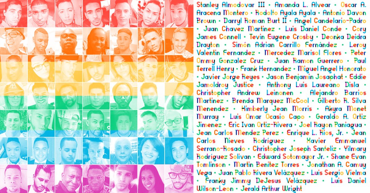 Graphic shows the faces of all 49 Pulse victims and writes out their names. The graphic is in a rainbow gradient color scheme.